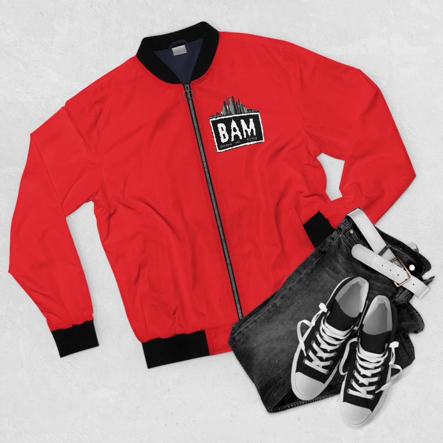 Red BAM Bomber Jacket — Business And Money Urban Skyline Jacket