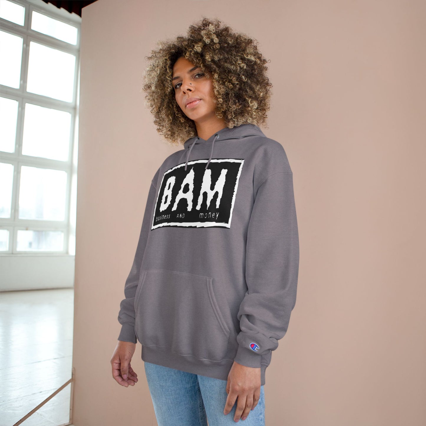 BAM Champion Hoodie, Cool Streetwear, Graphic Apparel, Gift for Entrepreneurs, Inspirational Fashion, Casual Comfort