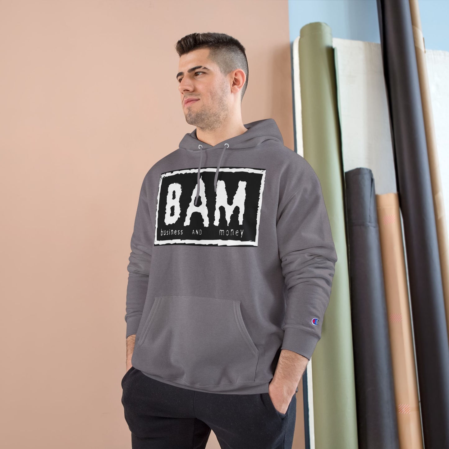 BAM Champion Hoodie, Cool Streetwear, Graphic Apparel, Gift for Entrepreneurs, Inspirational Fashion, Casual Comfort