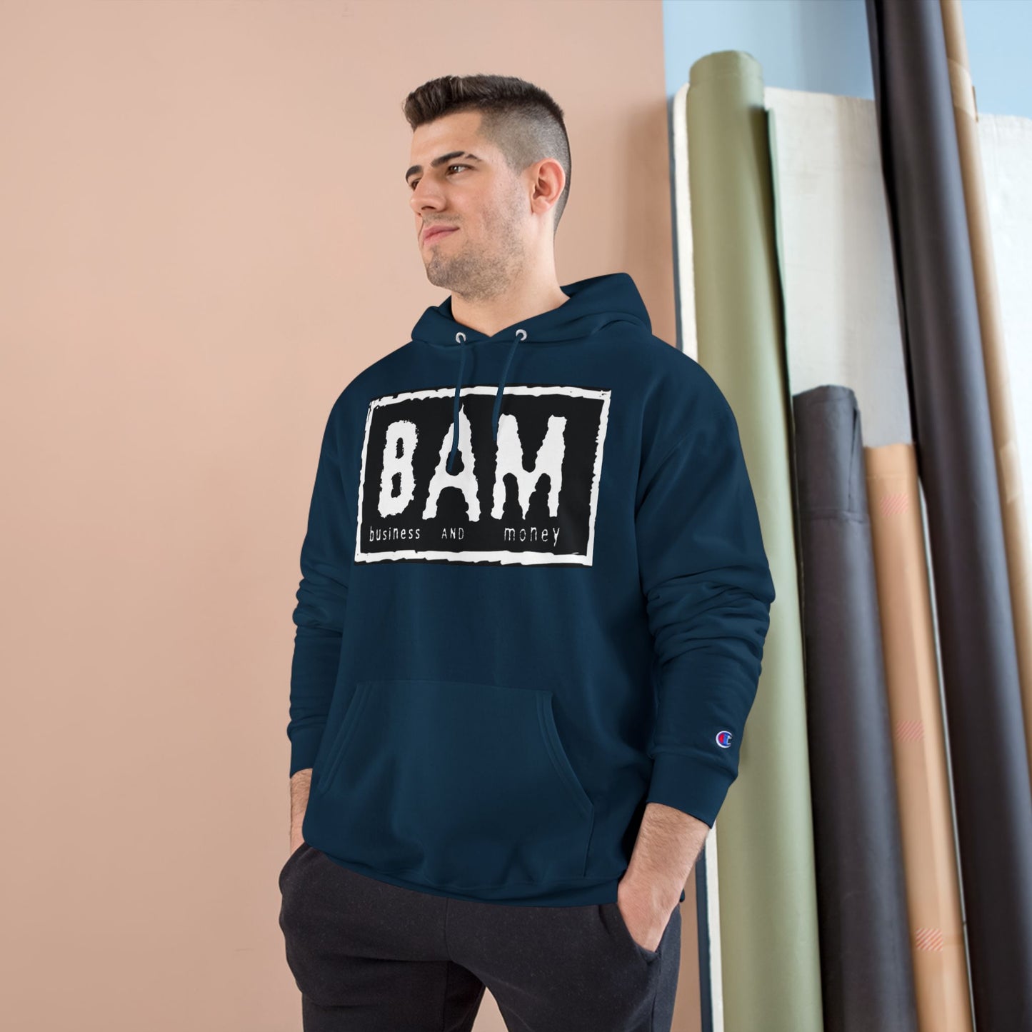 BAM Champion Hoodie, Cool Streetwear, Graphic Apparel, Gift for Entrepreneurs, Inspirational Fashion, Casual Comfort