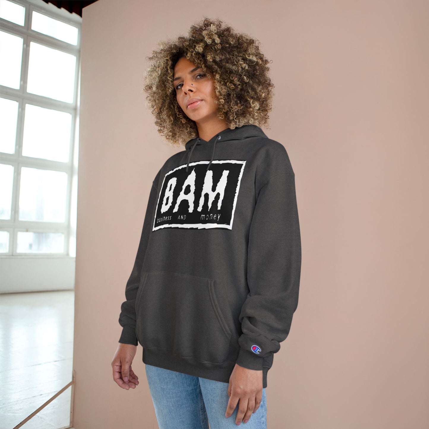 BAM Champion Hoodie, Cool Streetwear, Graphic Apparel, Gift for Entrepreneurs, Inspirational Fashion, Casual Comfort