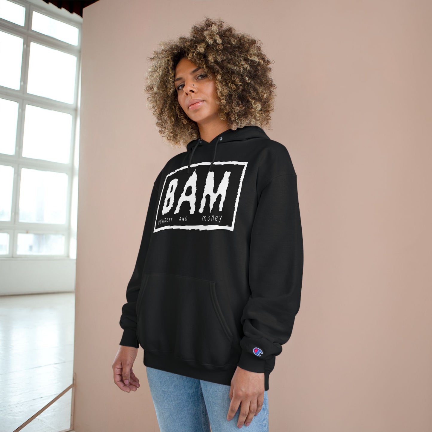BAM Champion Hoodie, Cool Streetwear, Graphic Apparel, Gift for Entrepreneurs, Inspirational Fashion, Casual Comfort