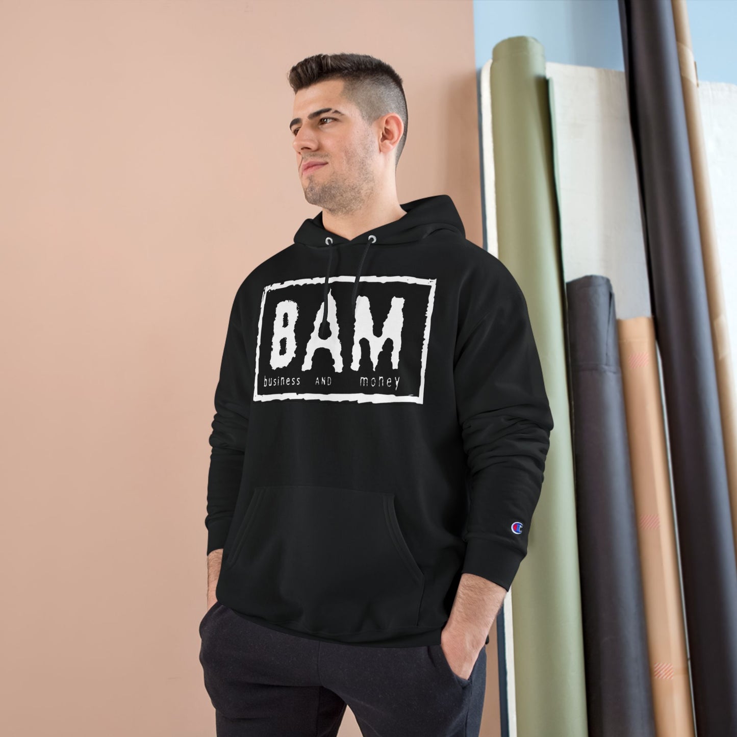 BAM Champion Hoodie, Cool Streetwear, Graphic Apparel, Gift for Entrepreneurs, Inspirational Fashion, Casual Comfort